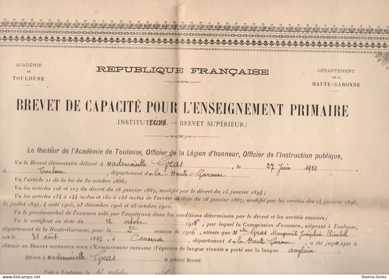 Toulouse (31 Diplome Brevet De Capacité Pour L'enseignement Primaire  1914  (M6044) - Diplômes & Bulletins Scolaires