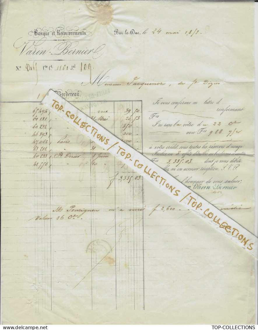 1871 De Bar Le Duc Meuse Pour St Dizier Haute Marne Bordereau Banque Varin Bernier Pour Jacquinot Négociant V.SCANS - 1849-1876: Klassik