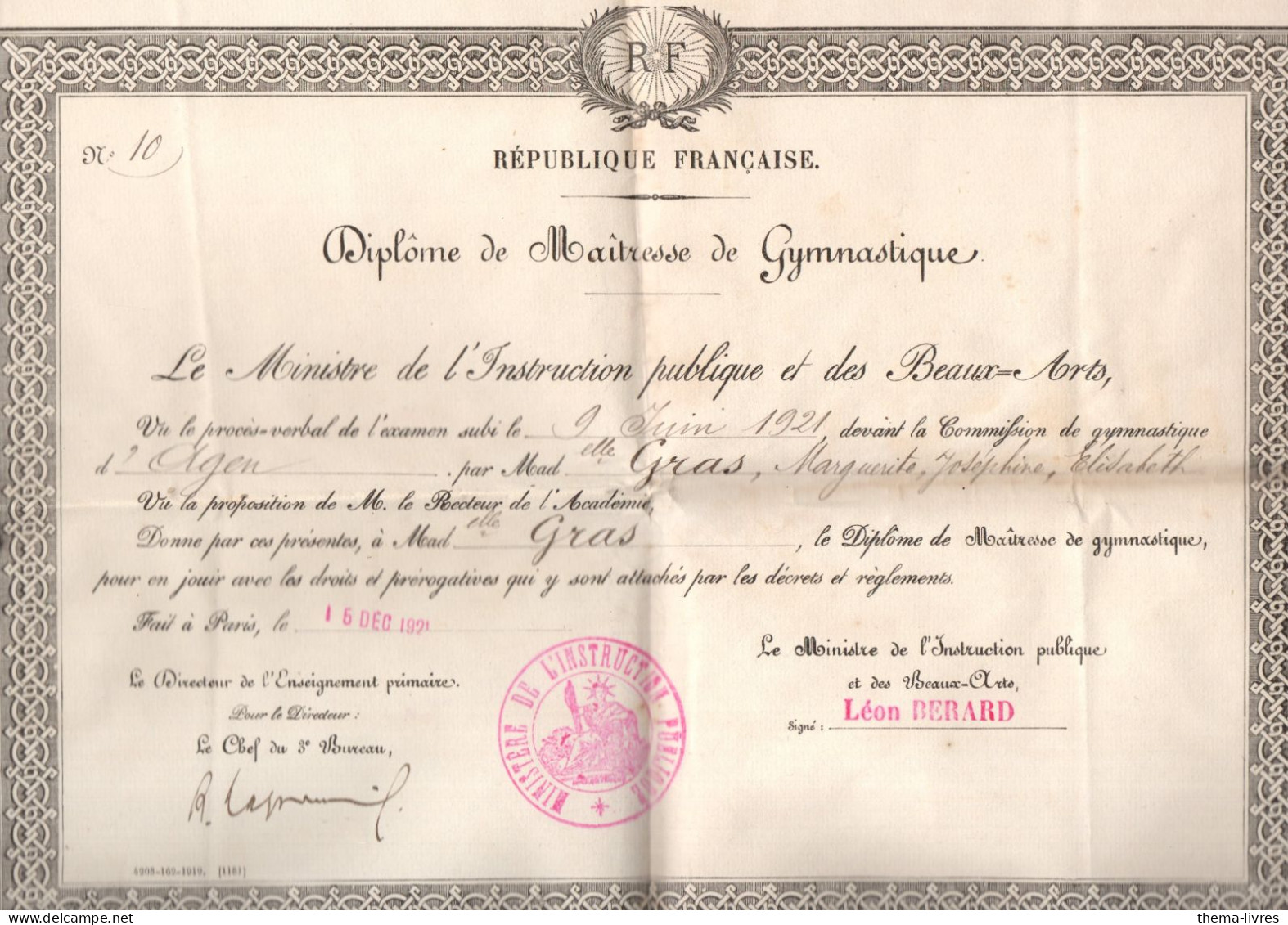 Paris  Diplome Diplome De Maitresse De Gymnastique 1921   (M6048) - Diplômes & Bulletins Scolaires