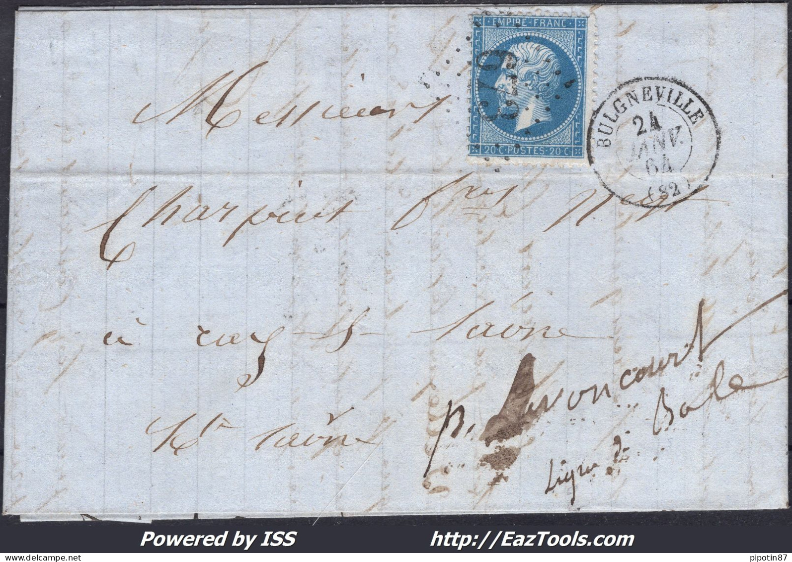 FRANCE N° 22 SUR LETTRE AVEC GC 673 BULGNÉVILLE VOSGES + CAD DU 24/01/1864 - 1862 Napoleone III