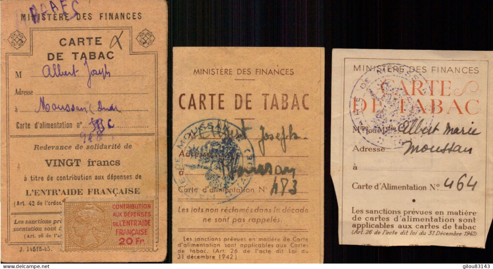 Moussan (nord), Carte De Tabac, Timbre Fiscal, Lot De 3 Cartes - Dokumente