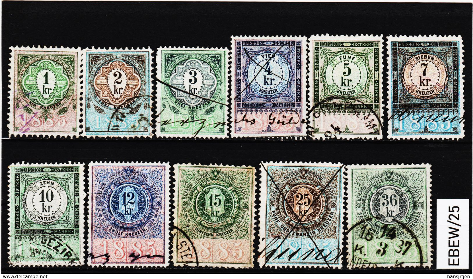 EBEW/25 LOT STEMPELMARKEN STEUERMARKEN ÖSTERREICH 1885  1-2-3-4-5-7-10-12-15-25-36 Kreuzer  Entwertet - Revenue Stamps