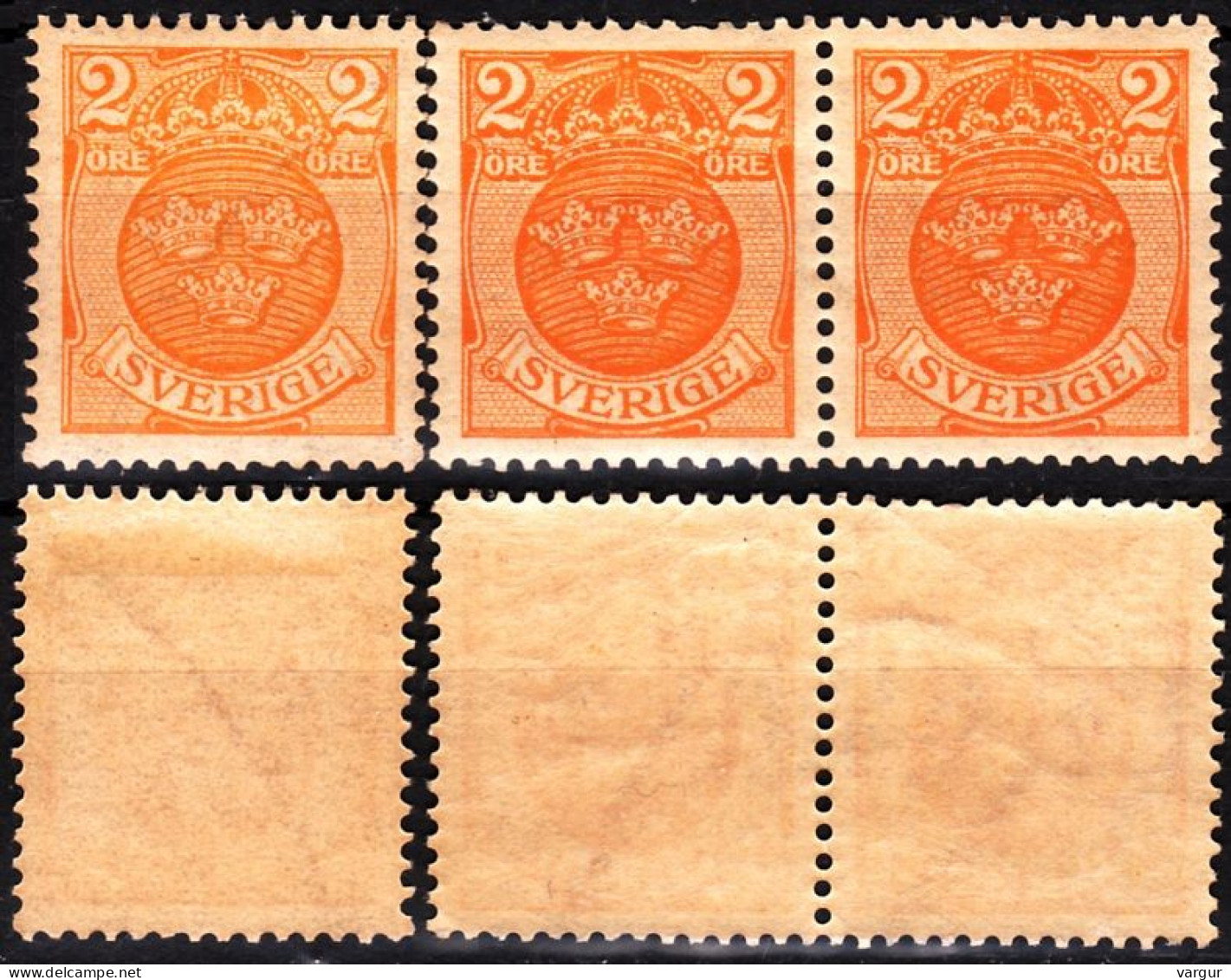 SWEDEN 1911 3 Crowns, 2o Orange. 1v + Pair. 3 Different Wmks, MLH / MNH *RARE* - Unused Stamps
