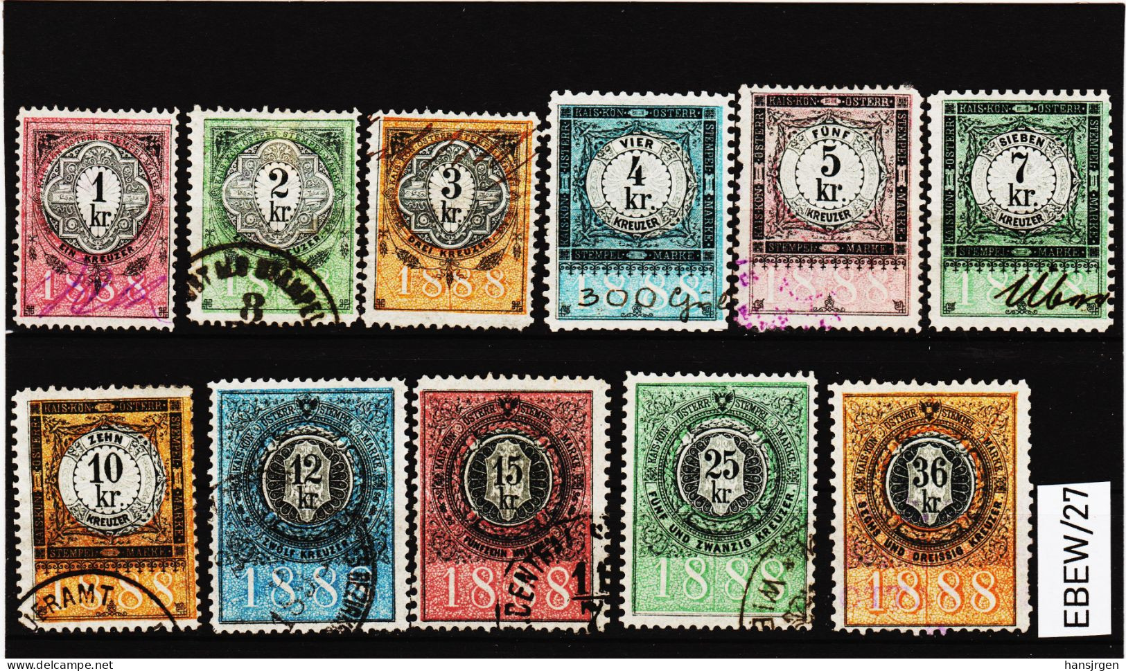 EBEW/27 LOT STEMPELMARKEN STEUERMARKEN ÖSTERREICH 1888  1-2-3-4-5-7-10-12-15-25-36 Kreuzer  Entwertet - Revenue Stamps