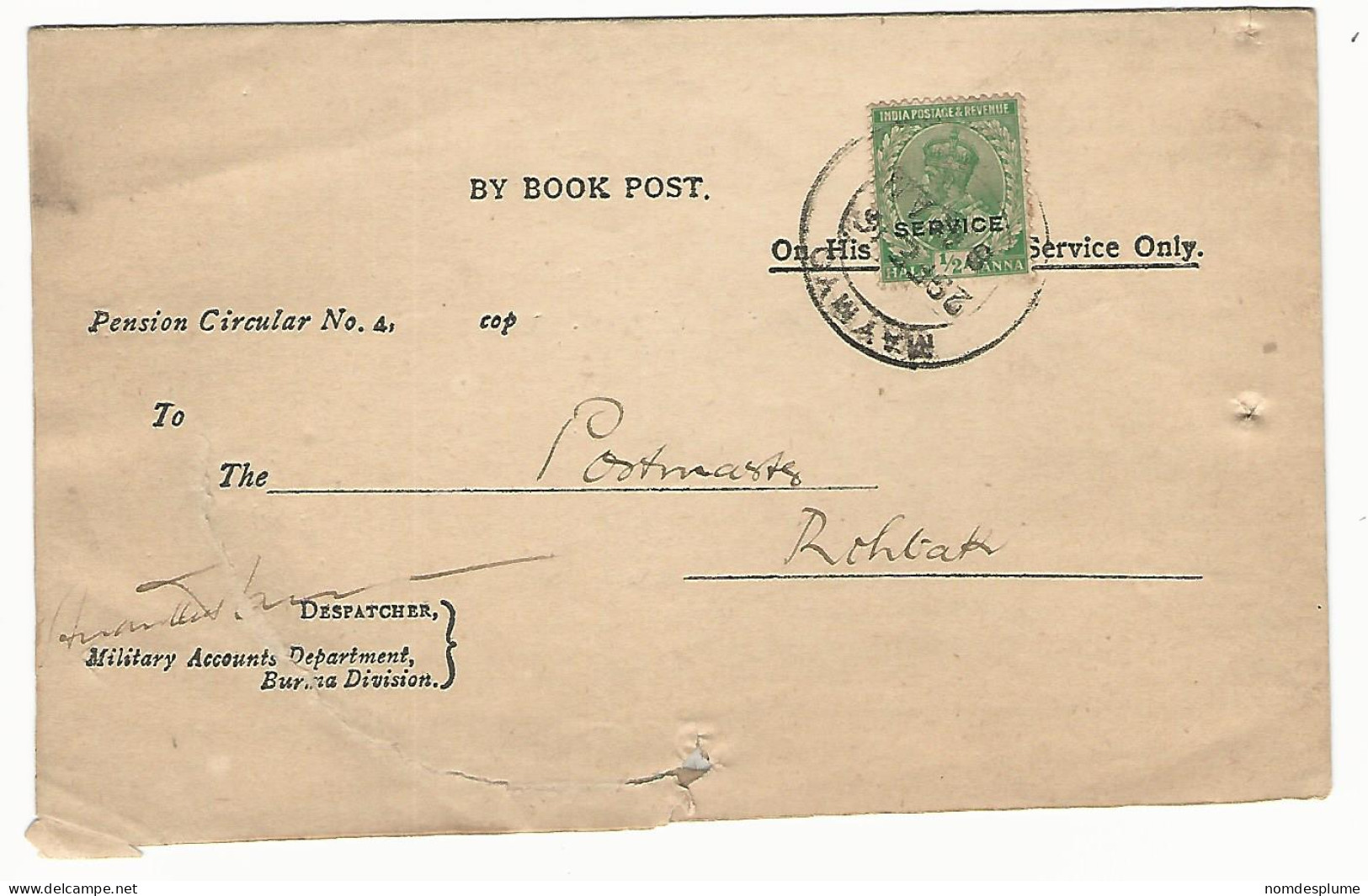 58678) India Used In Burma 1916 Postmark Cancel Military Accounts Pension Circular - Official Stamps