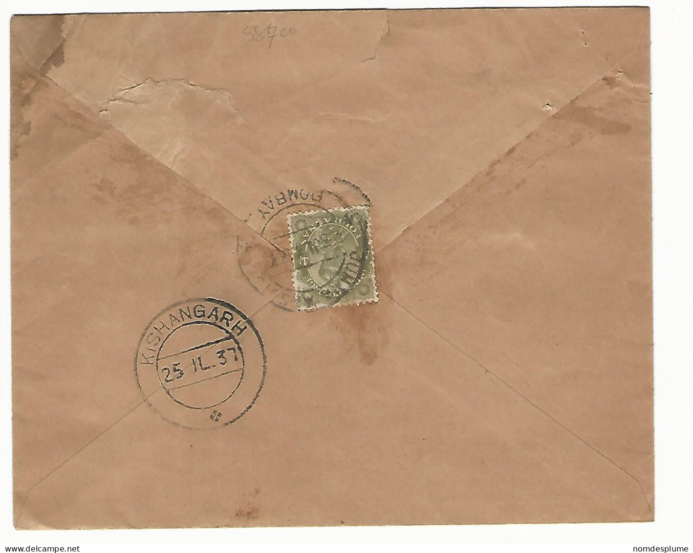 58700) India Registered Valuepayable 1937 Kishangarh Postmark Cancel - 1936-47 Roi Georges VI