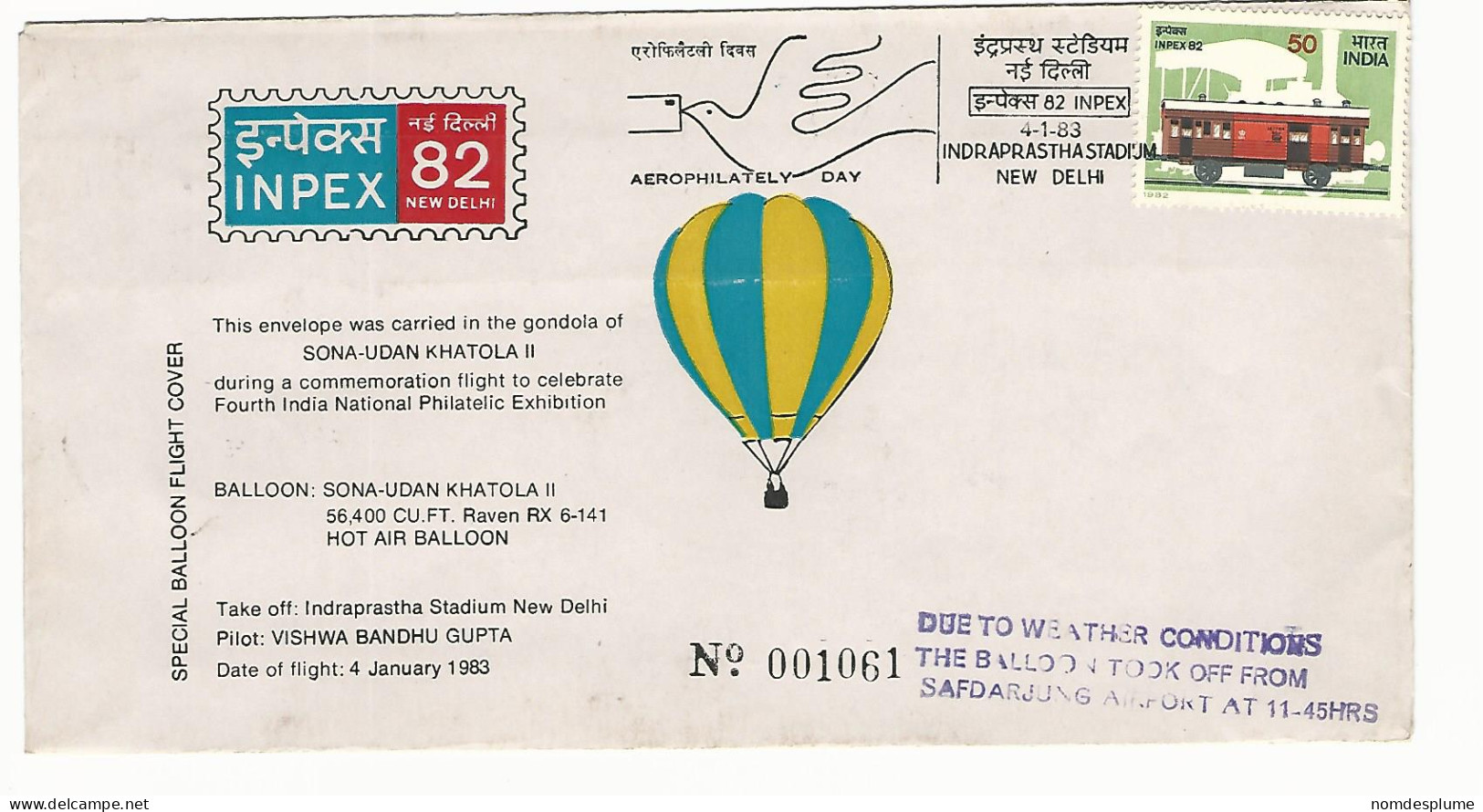 58703) India Balloon Mail Alternate Take-Off Due To Weather 1983 Postmark Cancel - Brieven En Documenten