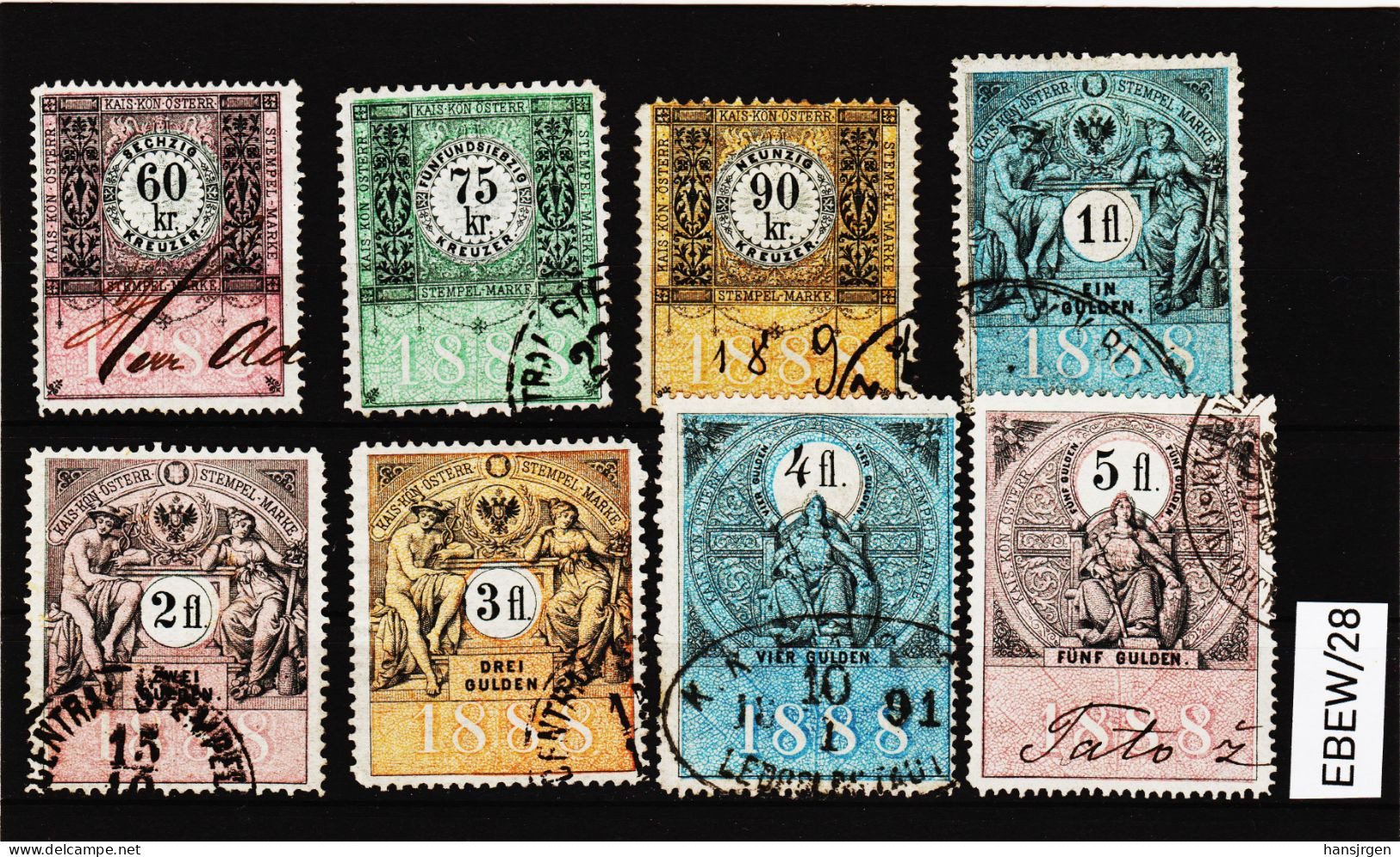 EBEW/28 LOT STEMPELMARKEN STEUERMARKEN ÖSTERREICH 1888  60-75-90 Kreuzer 1-2-3-4-5-Gulden  Entwertet - Revenue Stamps