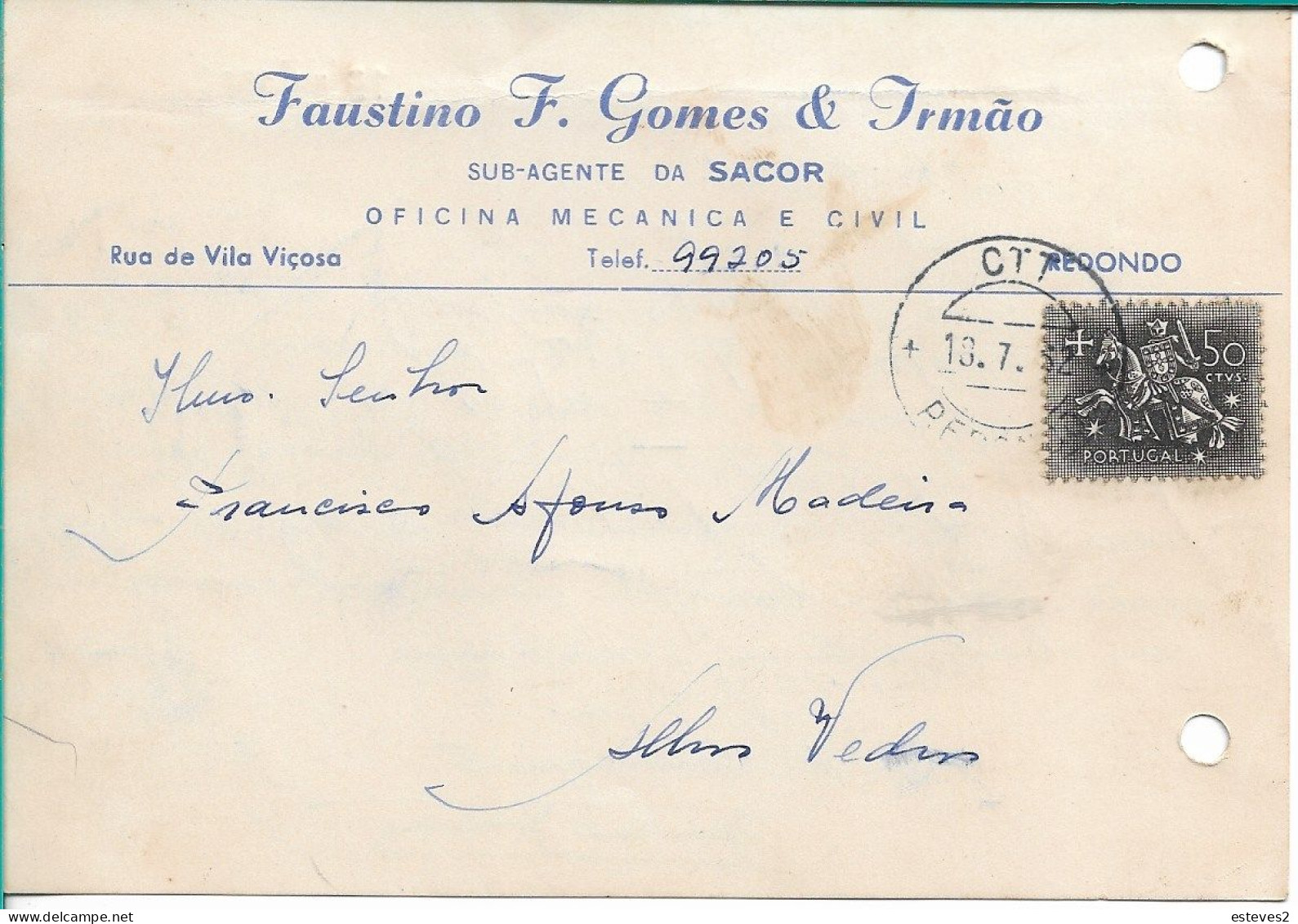 Portugal , 1962 , FAUSTINO F. GOMES & IRMÃO , Redondo , SACOR Agent ,  Commercial Postcard - Portugal