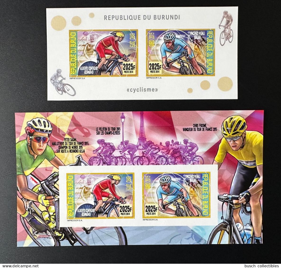 Burundi 2014 / 2015 Mi. 3483 - 3484 Bl. 504 - 505 ND IMPERF Cyclisme Cycling Rad Vélo Fahrrad Bicycle Tour France Eiffel - Cycling