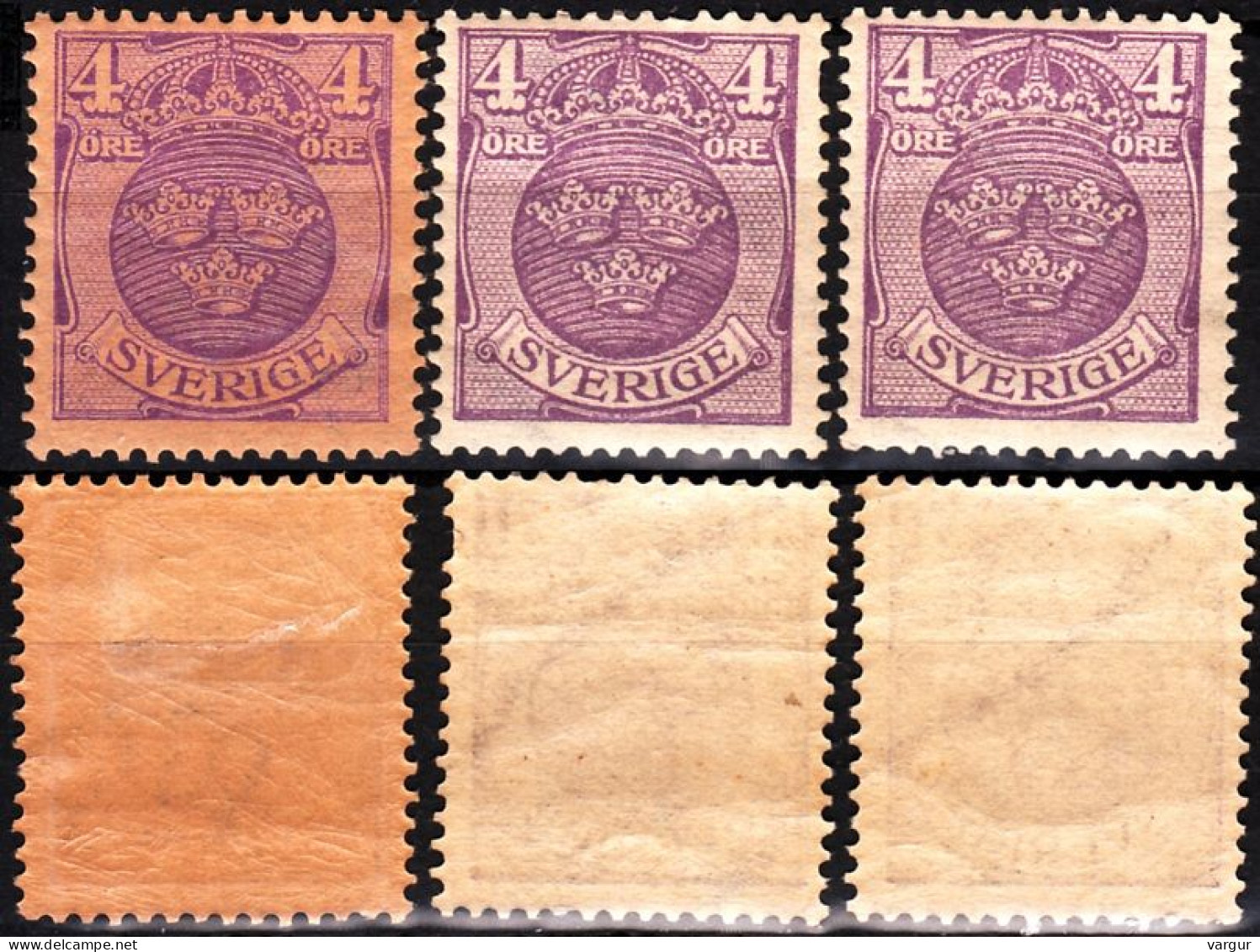 SWEDEN 1910-11 3 Crowns, 4o Violet. 3v - 3 Different Wmks, MNH - Unused Stamps