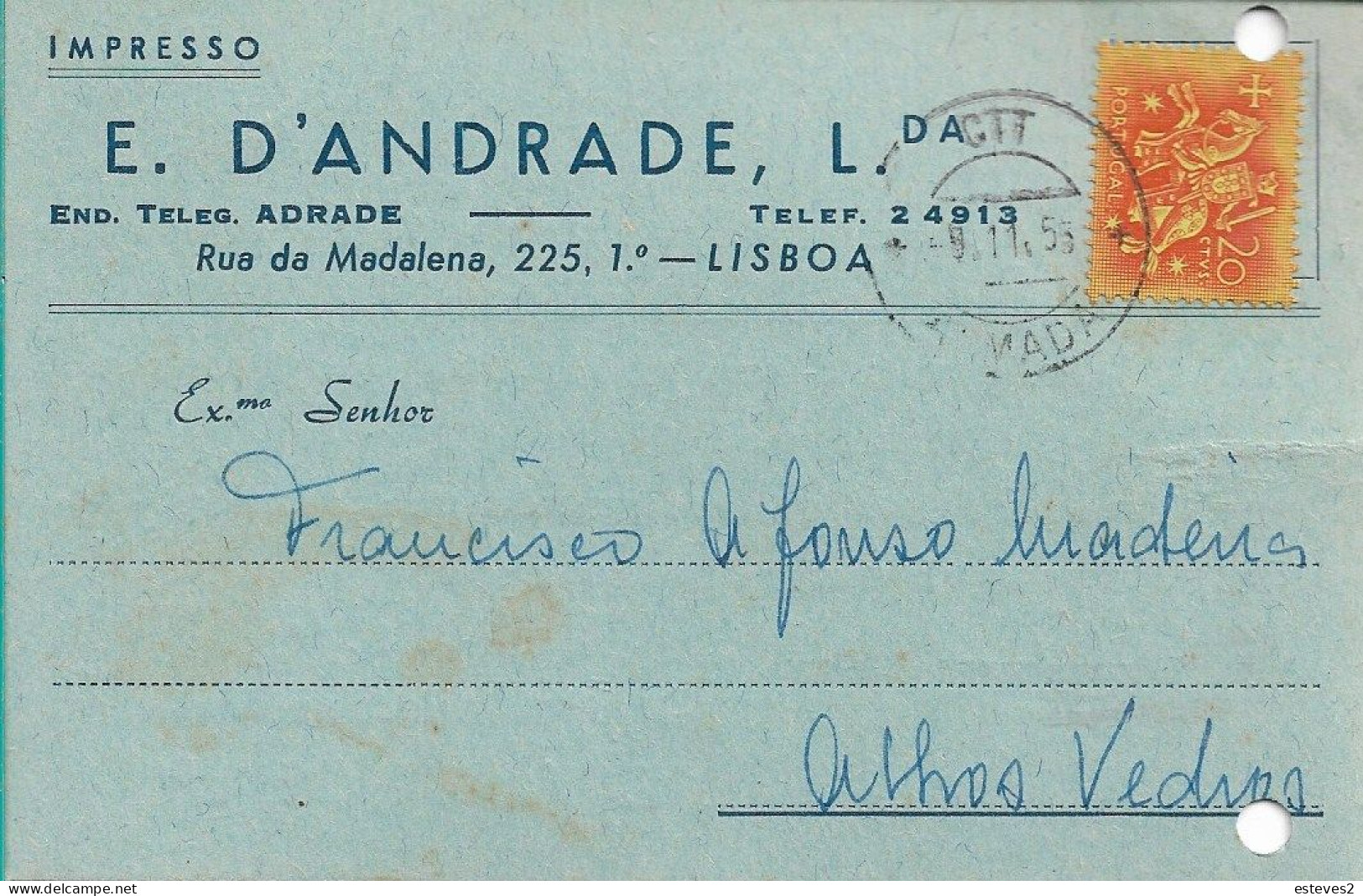 Portugal , 1955 , E. D'ANDRADE LDA , Liaboa ,  Commercial Postcard , Almada Postmark - Portugal