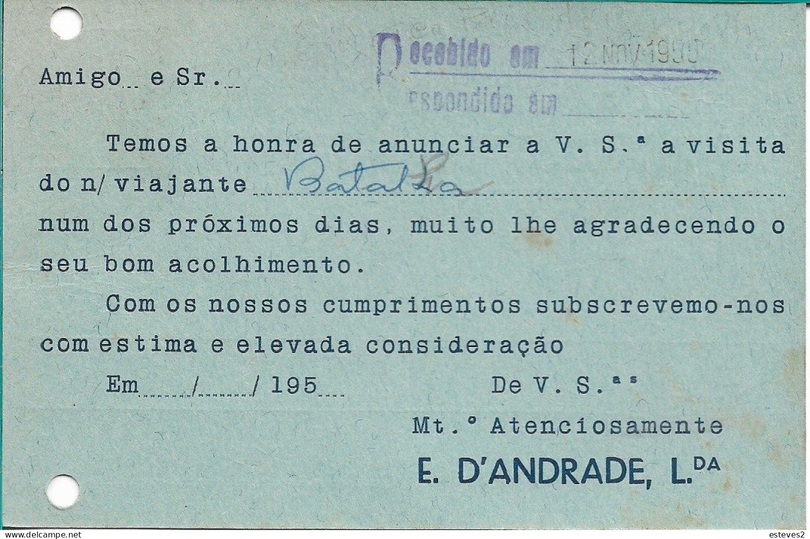 Portugal , 1955 , E. D'ANDRADE LDA , Liaboa ,  Commercial Postcard , Almada Postmark - Portugal