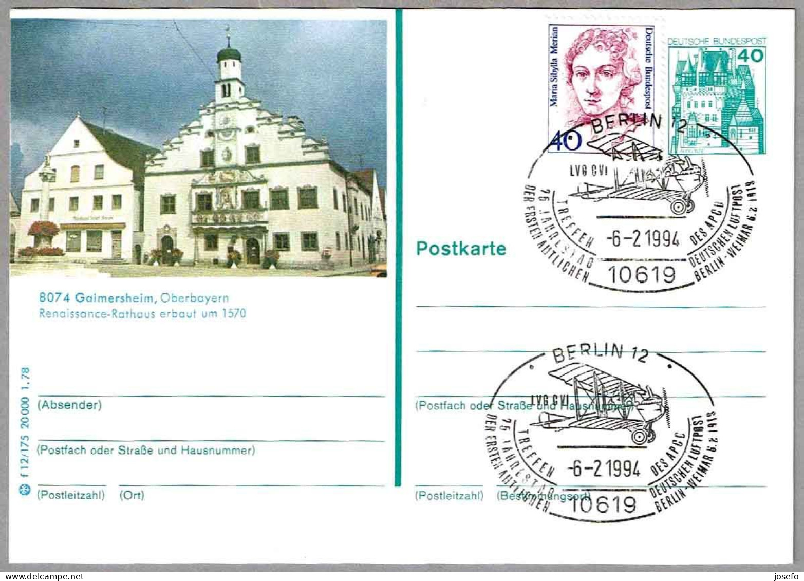 75 Años VUELO POSTAL BERLIN-WEIMAR - Avion LVG C.VI -  75 Years Air Mail. Berlin 1994 - Poste