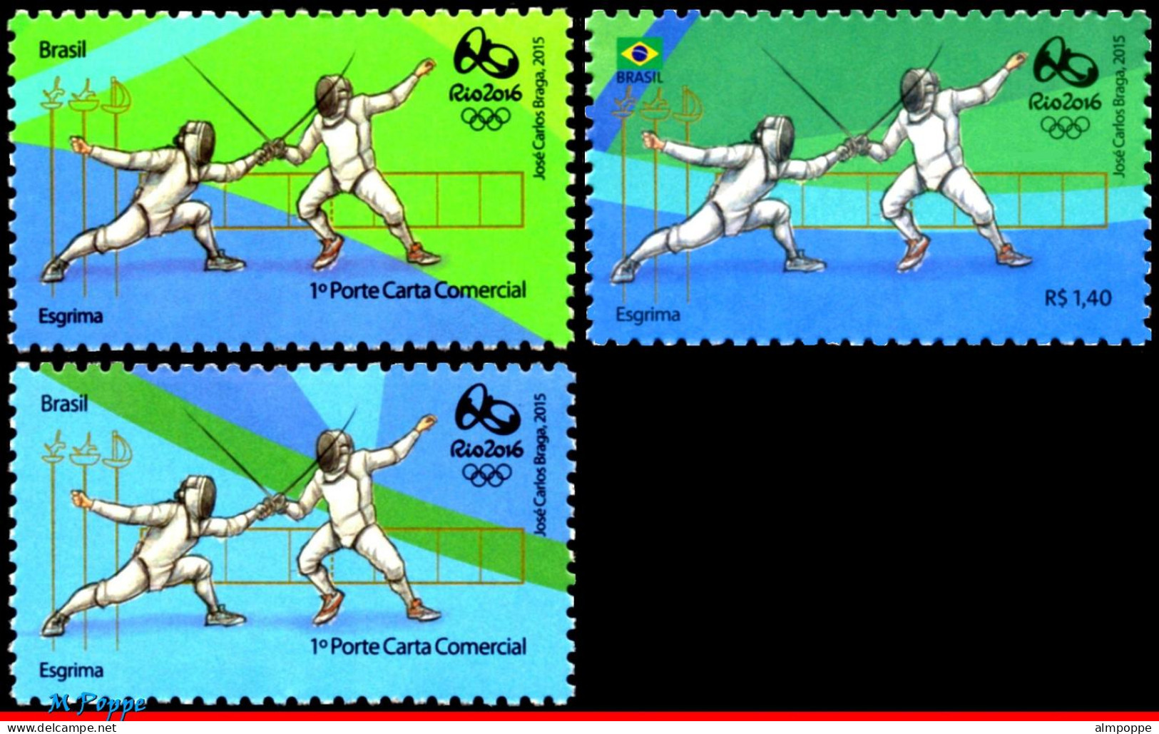 Ref. BR-OLYM-E13 BRAZIL 2015 - OLYMPIC GAMES, RIO 2016,FENCING, STAMPS OF 2ND AND 4TH SHEET,MNH, SPORTS 3V - Zomer 2016: Rio De Janeiro