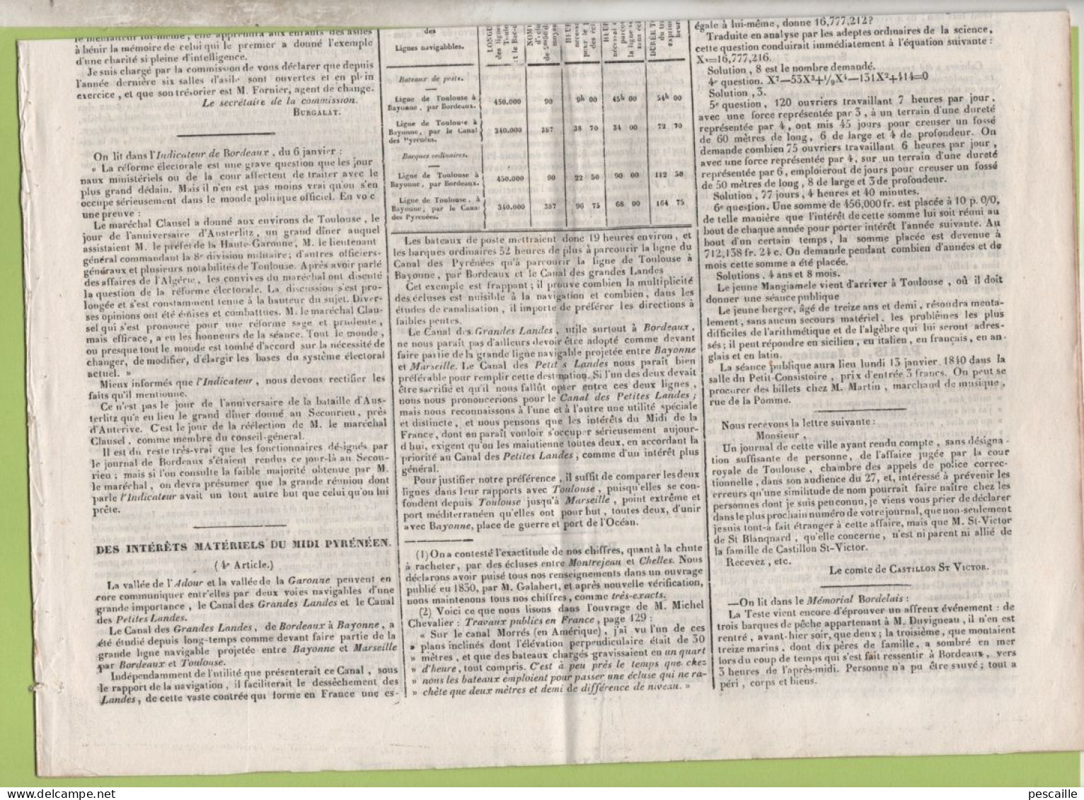 JOURNAL POLITIQUE TOULOUSE 11 1 1840 - CANAL DE GRANDES LANDES TOULOUSE BORDEAUX BAYONNE - VITO MANGIAMELE MATHEMATICIEN - 1800 - 1849