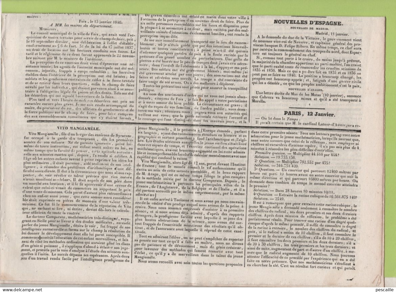 JOURNAL POLITIQUE TOULOUSE 17 01 1840 - FOIX - VITO MANGIAMELE MATHEMATICIEN - SUISSE - MADRID - LAFFITTE / ARAGO - - 1800 - 1849