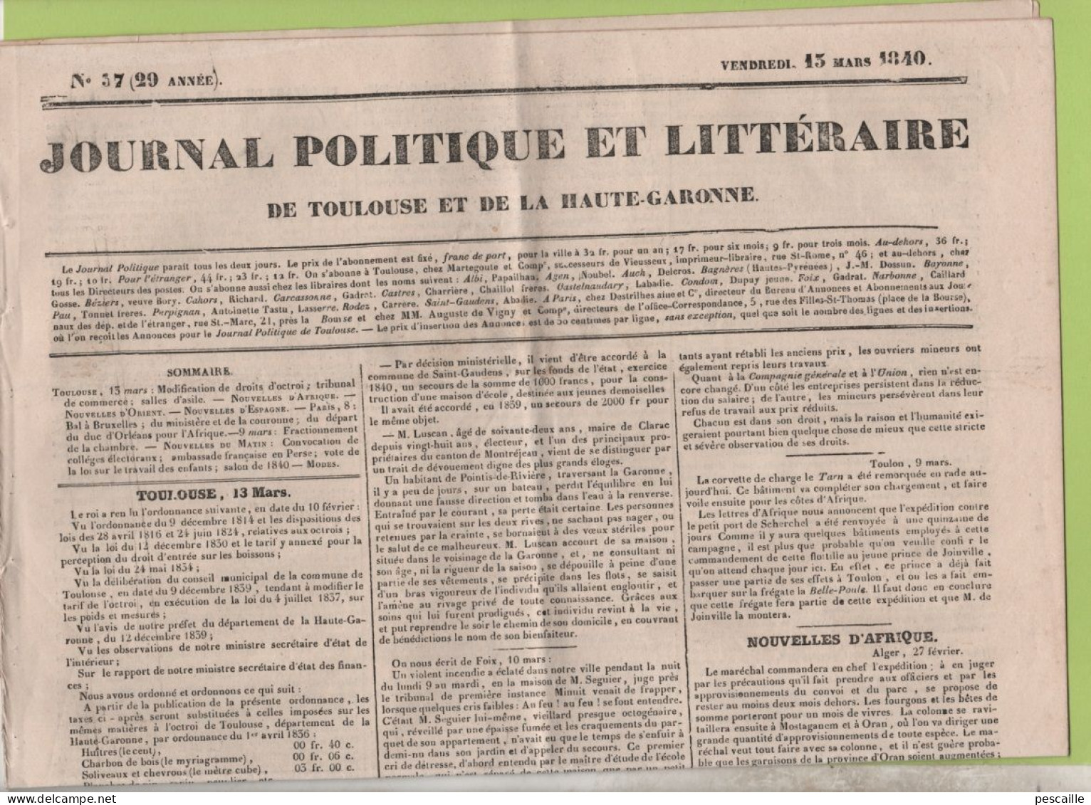 JOURNAL POLITIQUE TOULOUSE 13 03 1840 - OCTROI TOULOUSE - SMYRNE - CLARAC - FOIX - ALGERIE ABD-EL-KADER - MADRID - - 1800 - 1849