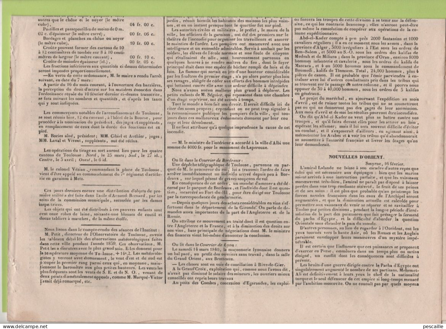 JOURNAL POLITIQUE TOULOUSE 13 03 1840 - OCTROI TOULOUSE - SMYRNE - CLARAC - FOIX - ALGERIE ABD-EL-KADER - MADRID - - 1800 - 1849