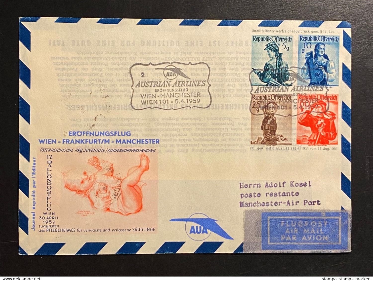 Österreich 1959 Privat-Ganzsache Trachtenmarken Mit Stempel Austrian Airlines Eröffnungsflug Wien Frankfurt Manchester - Covers