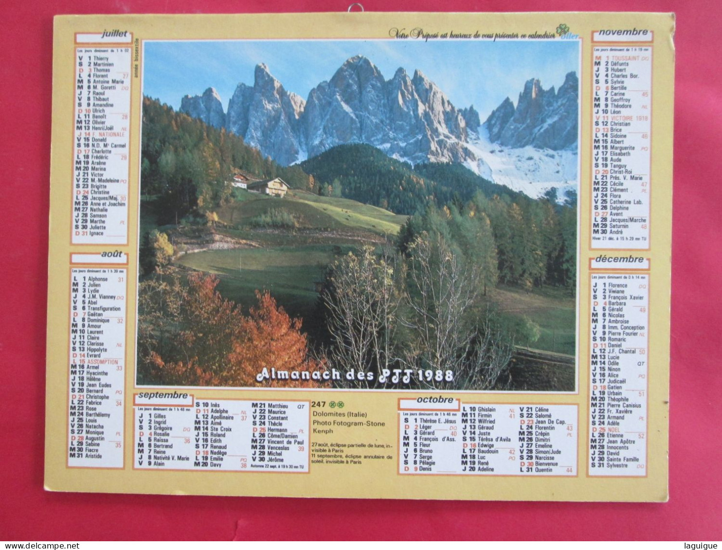 CALENDRIER ALMANACH DOLOMITES ITALIE PAYSAGE D'HIVER 1988 OLLER - Grossformat : 1981-90