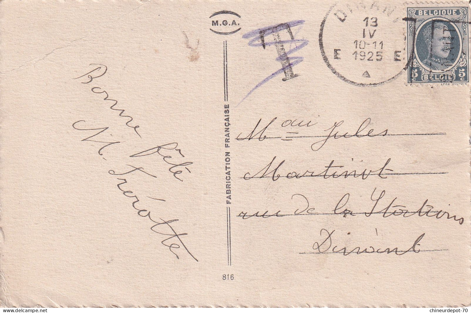 Carte Bonne Fete , Roi Albert Cachet Preo Dinant Et Dinant E 1925 Suivi Du T Taxes - Tipo 1922-26 (Alberto I)