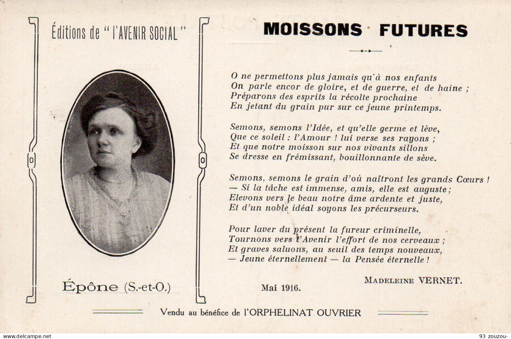 78. EPONE. L'AVENIR SOCIAL . Madeleine Vernet, Enseignement Libertaire, Socialisme, Féminisme, Pacifisme. Carte Vierge. - Epone