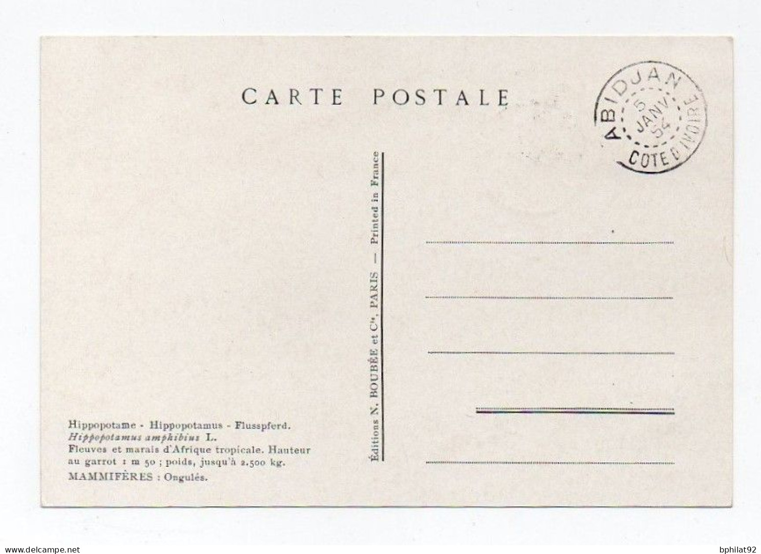 !!! AOF CARTE MAXIMUM HIPPOPOTAME CACHET D'ABIDJAN DU 5/1/1954 - Covers & Documents