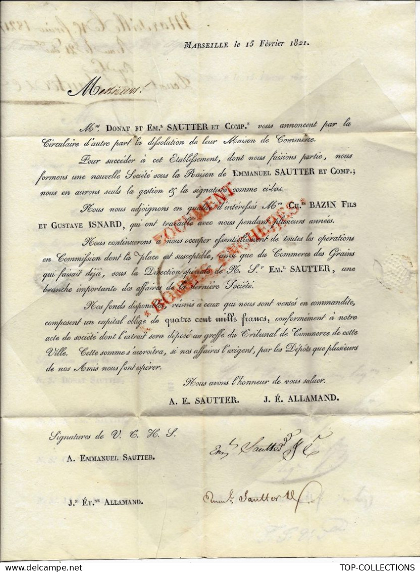 SUPERBE  NEGOCE NAVIGATION MEDITERRANEE  1821 De Marseille Donat Sautter Bazin Allamand 6 Sign.Commerce De Grains - 1800 – 1899