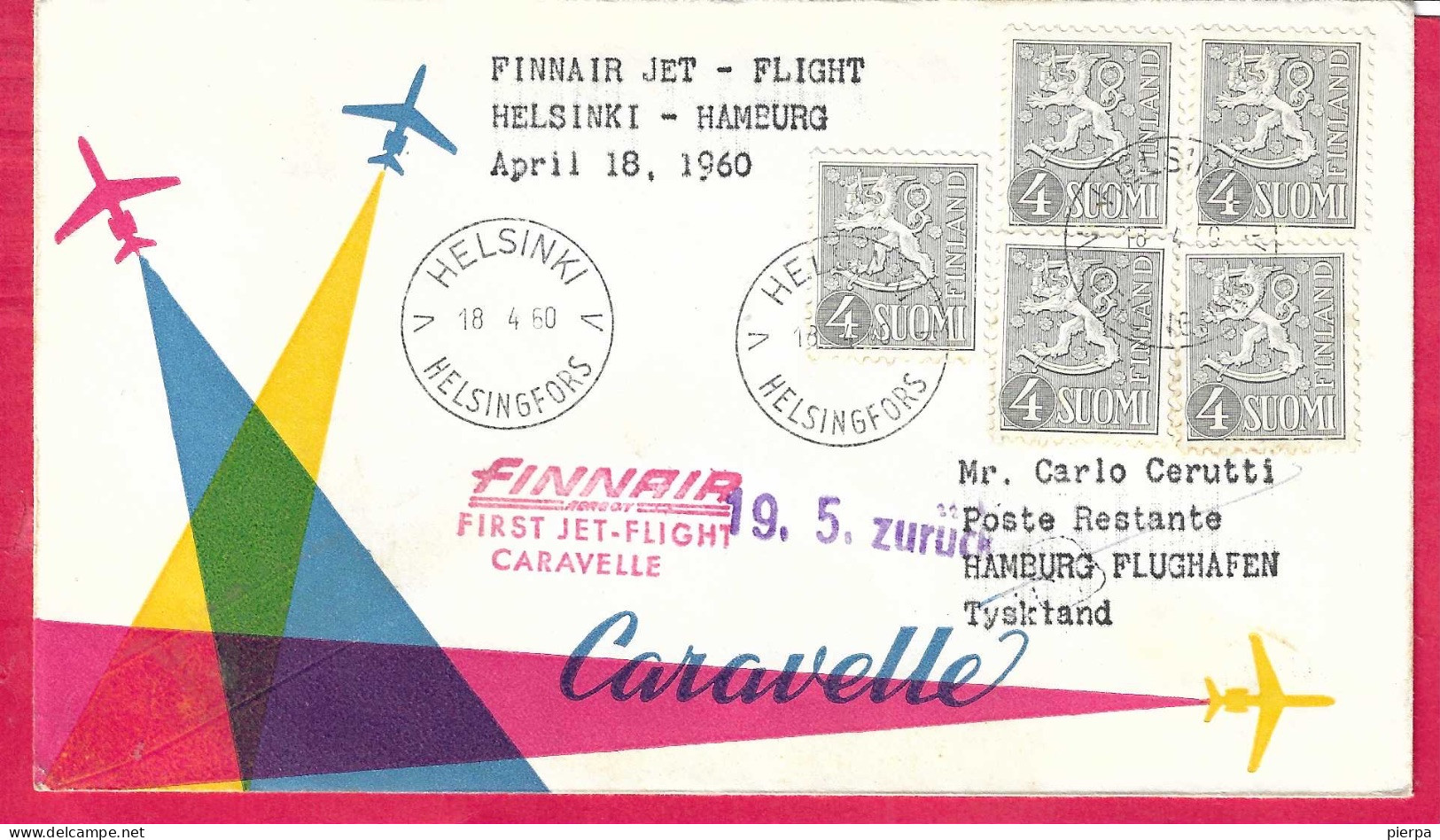 FINLAND - FIRST CARAVELLE  FLIGHT FINNAIR - FROM HELSINKI TO HAMBURG *18.4.60* ON OFFICIAL COVER - Covers & Documents