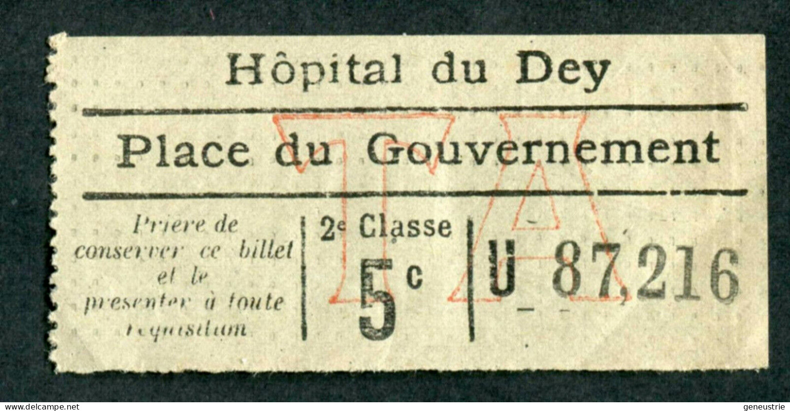 Ticket De Tramway D'Alger Début XXe "Sté Des Tramways Algériens" Billet Algérie - World