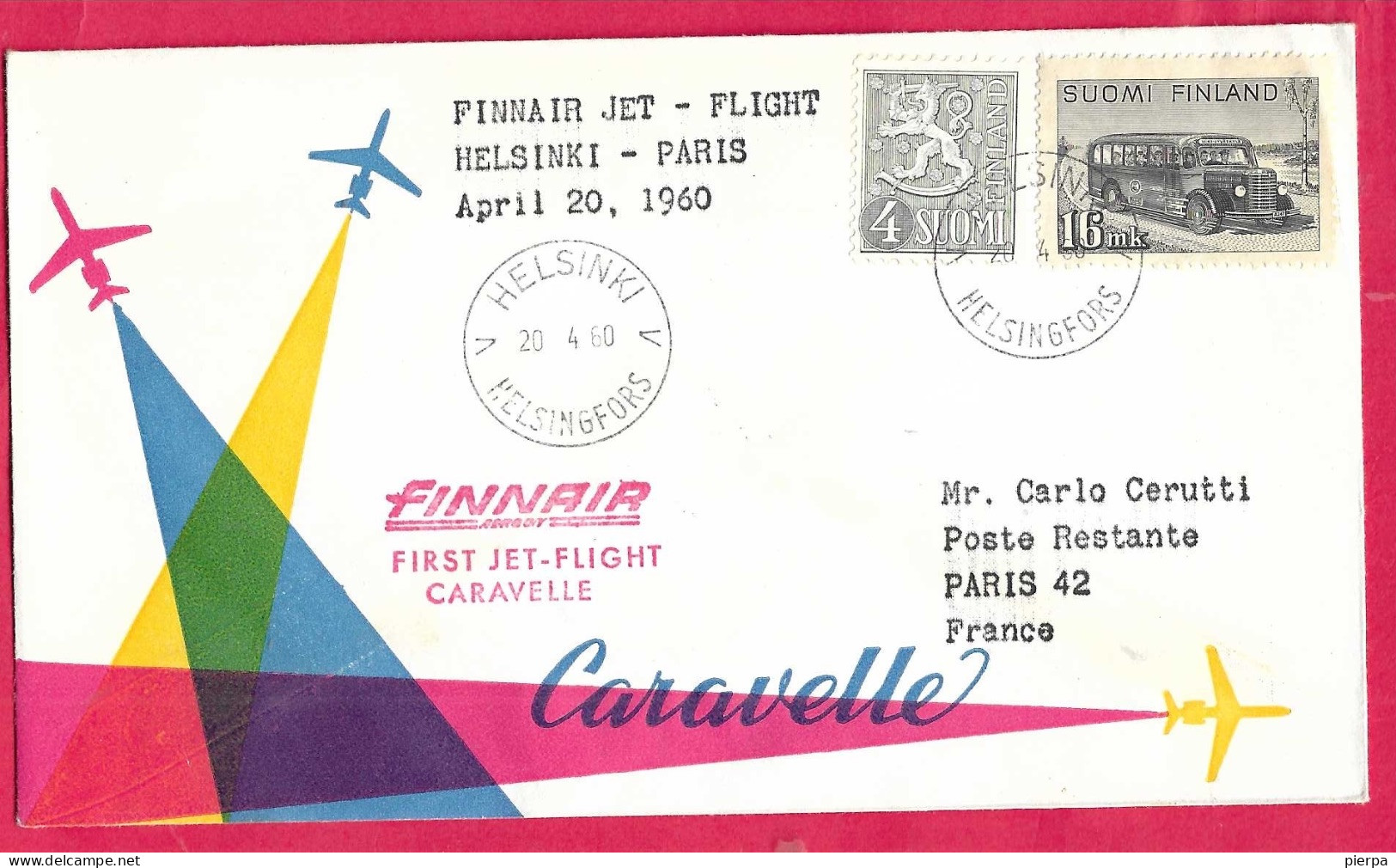 FINLAND - FIRST CARAVELLE  FLIGHT FINNAIR - FROM HELSINKI TO PARIS *20.4.60* ON OFFICIAL COVER - Covers & Documents