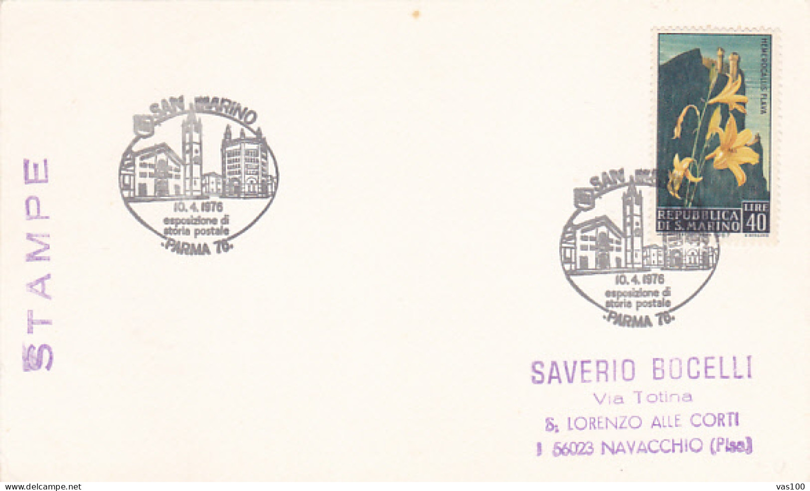 PARMA'76 POSTAL HISTORY EXHIBITION SPECIAL POSTMARKS, LILIES FLOWERS STAMP ON CARDBOARD, 1976, SAN MARINO - Lettres & Documents