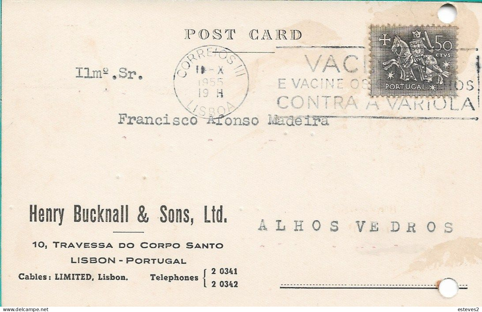 Portugal , 1955 Slogan Postmark VACINE-SE CONTRA  A VARÍOLA  , Smallpox Vaccine , HENRY BUCKNALL Postcard - Marcophilie