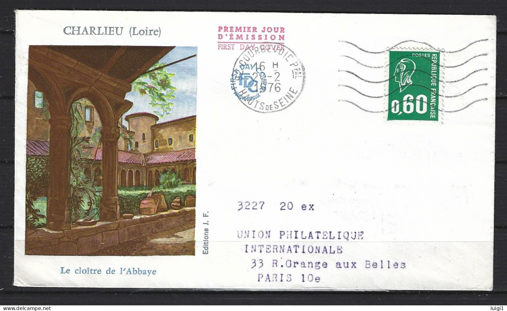 BEQUET 0,60 Vert- Typo - N°1814 Sur FDC- CHARLIEU ( Loire ) - Cloître De L'Abbaye. Pli Ayant Circulé. - 1971-1976 Marianne De Béquet