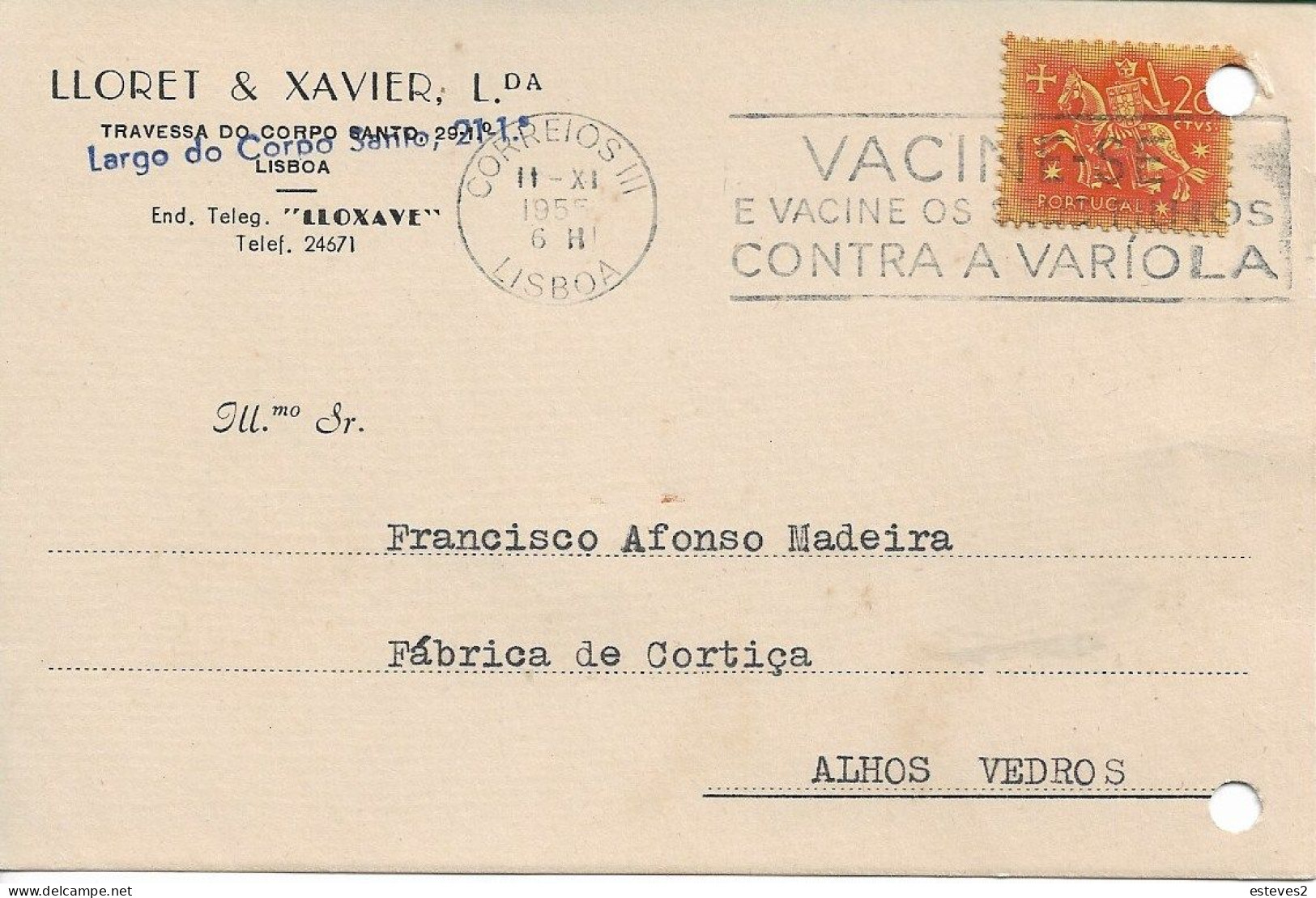 Portugal , 1955 Slogan Postmark VACINE-SE CONTRA  A VARÍOLA  , Smallpox Vaccine , LLORET & XAVIER, LDA Postcard - Postmark Collection
