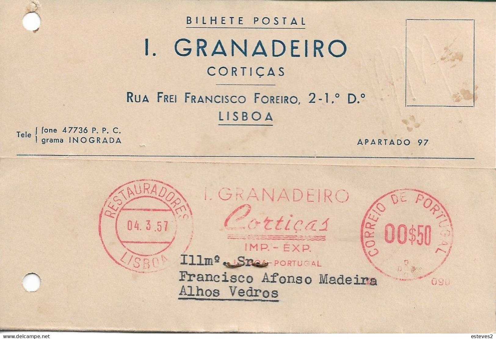 Portugal , 1957 Advertising Postmark I. GRANADEIRO Cortiças , Cork , Commercial  Postcard - Poststempel (Marcophilie)