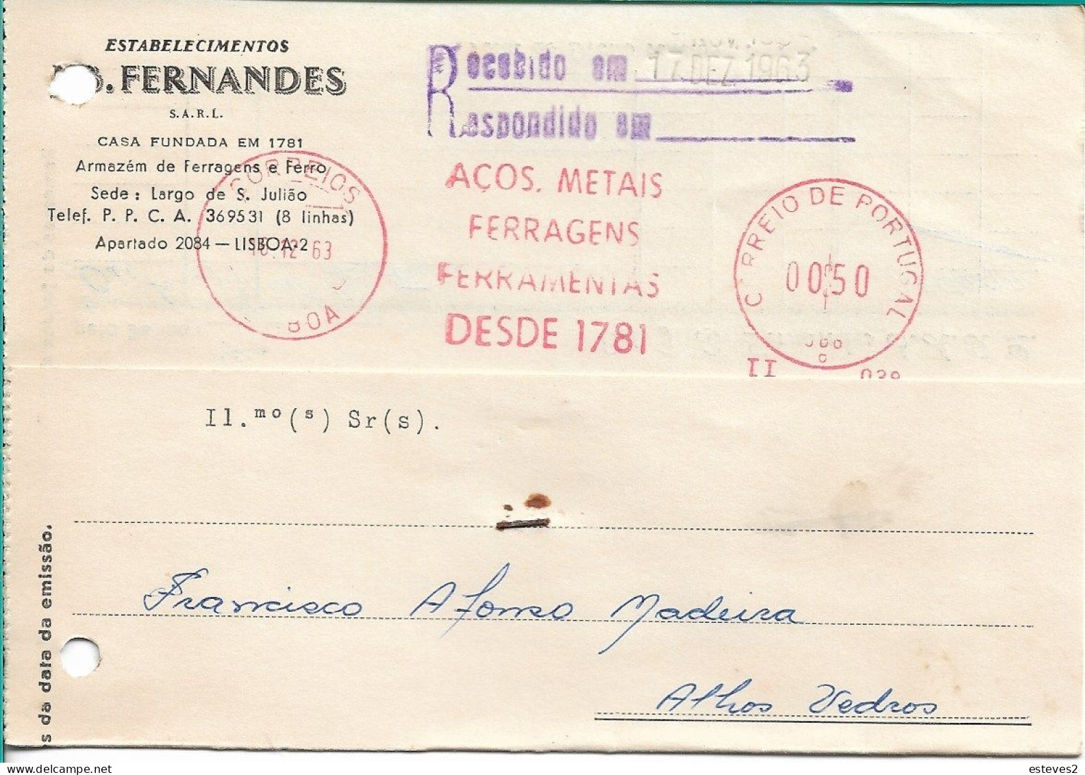 Portugal 1963 Advertising Postmark ESTABELECIMENTOS J. B. FERNANDES , Hardware And Iron Warehouse , Commercial  Postcard - Marcophilie
