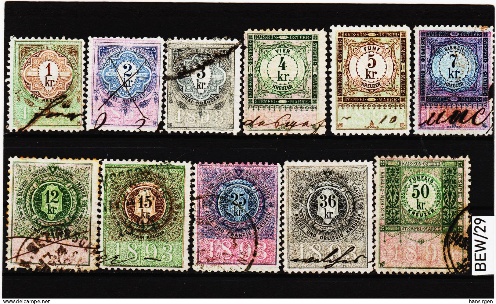 EBEW/29 LOT STEMPELMARKEN STEUERMARKEN ÖSTERREICH 1893 1-2-3-4-5-7-12-15-25-36-50 Kreuzer  Entwertet - Fiscali