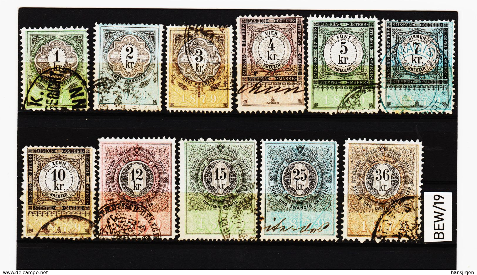 EBEW/19 LOT STEMPELMARKEN STEUERMARKEN ÖSTERREICH 1879 1-2-3-4-5-7-10-12-15-25-36 Kreuzer  Entwertet - Fiscali