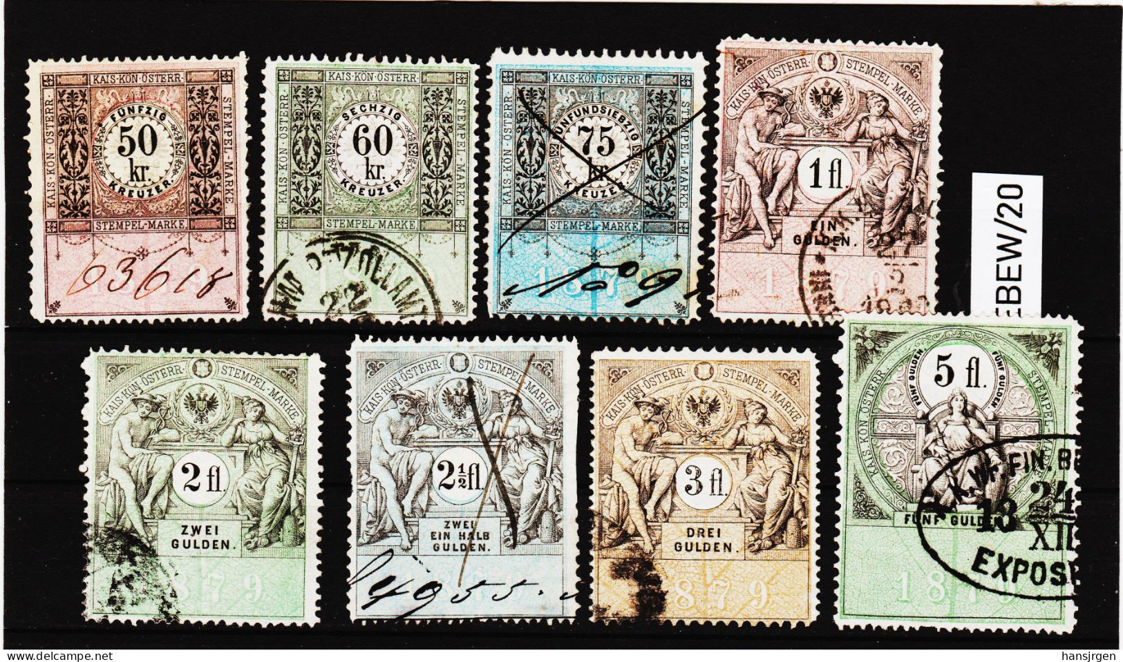 EBEW/20 LOT STEMPELMARKEN STEUERMARKEN ÖSTERREICH 1879 1-2-3-4-5-7-10-12-15-25-36 Kreuzer  Entwertet - Fiscale Zegels