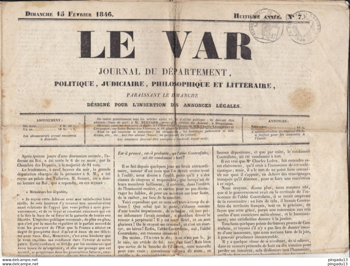 Au Plus Rapide Journal Le Var 15 Février 1846 - 1800 - 1849