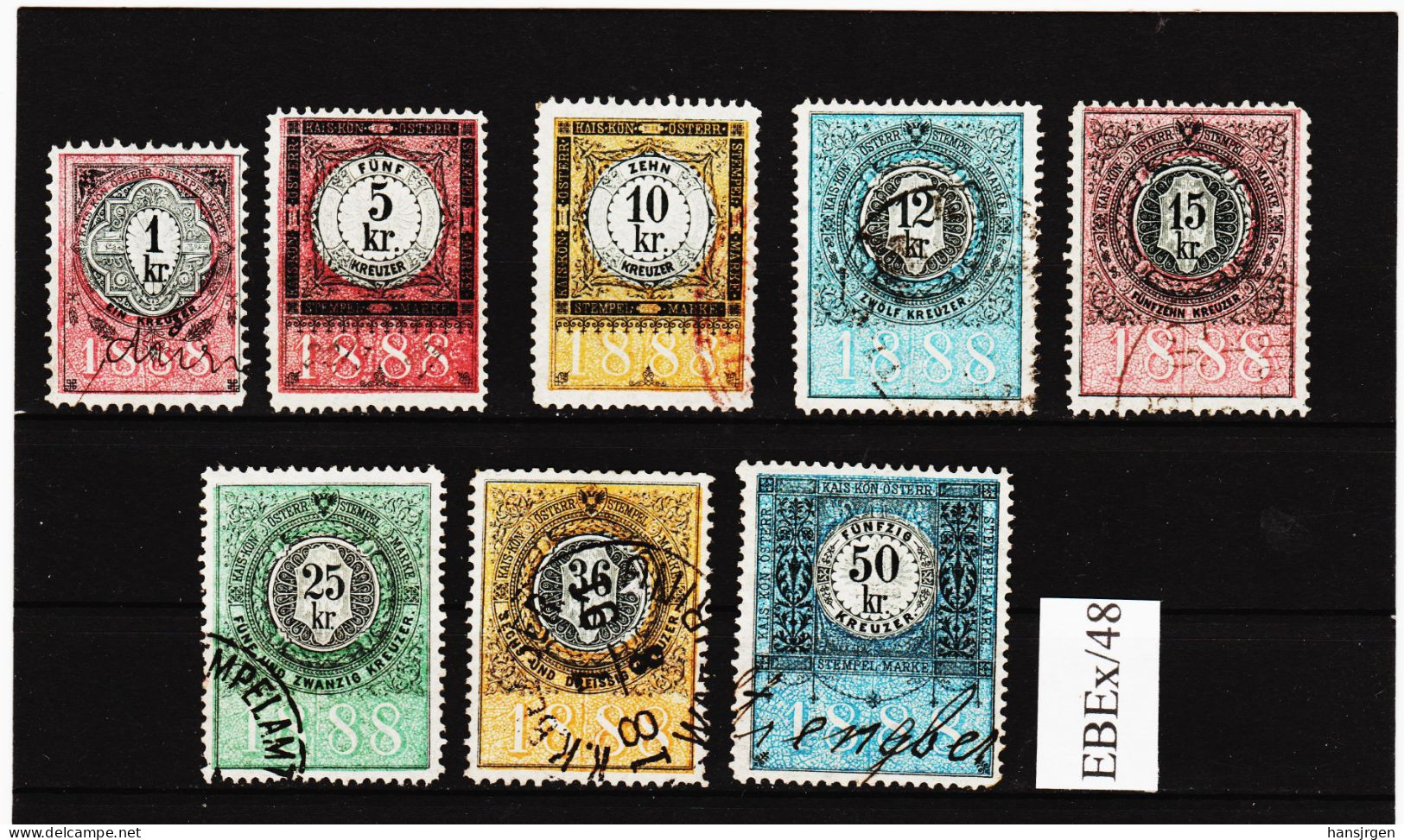 EBEx/48 LOT STEMPELMARKEN STEUERMARKEN ÖSTERREICH 1888  1-5-10-12-15-25-36-50 Kreuzer  Entwertet - Revenue Stamps