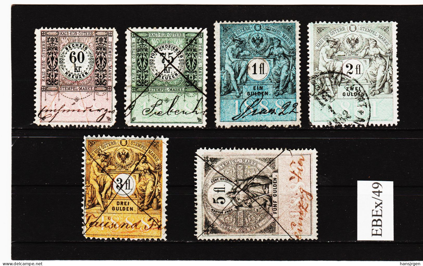 EBEx/49 LOT STEMPELMARKEN STEUERMARKEN ÖSTERREICH 1888  60-75 Kreuzer 1-2-3-5-  Entwertet - Fiscale Zegels