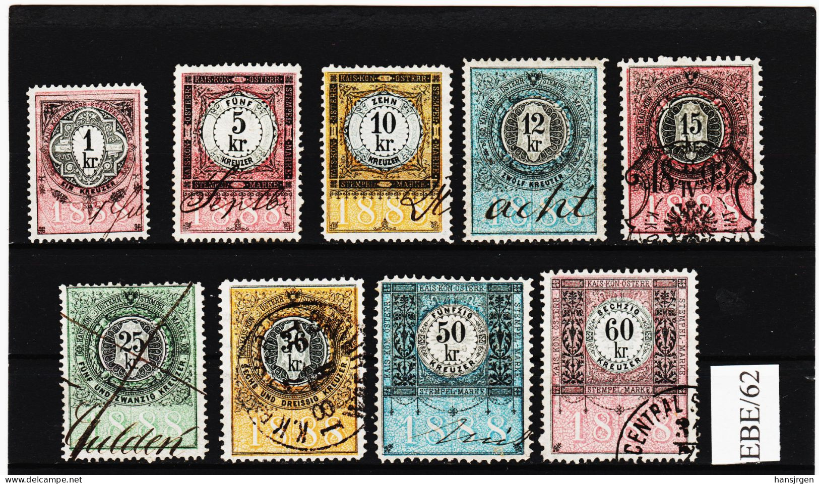EBEx/62 LOT STEMPELMARKEN STEUERMARKEN ÖSTERREICH 1888  1-5-10-12-15-25-36-50-60 Kreuzer  Entwertet - Revenue Stamps