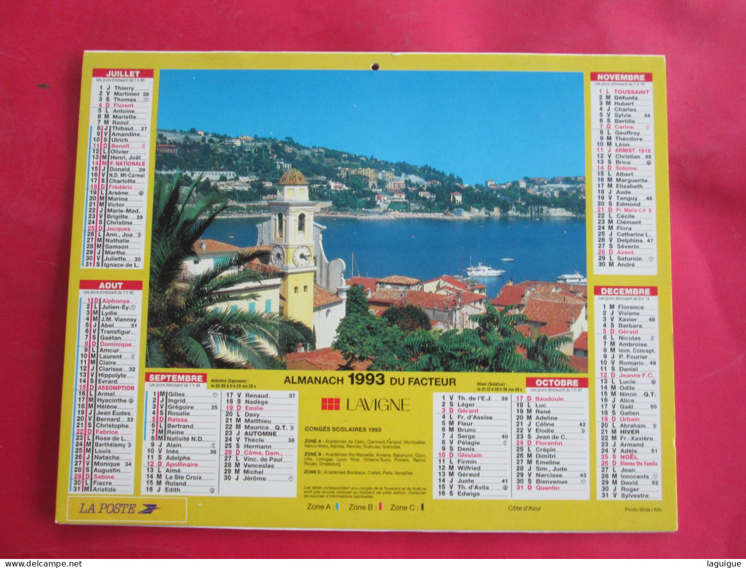 CALENDRIER ALMANACH 1993 PLAGE VAROISE CÔTE D'AZUR LAVIGNE - Big : 1991-00