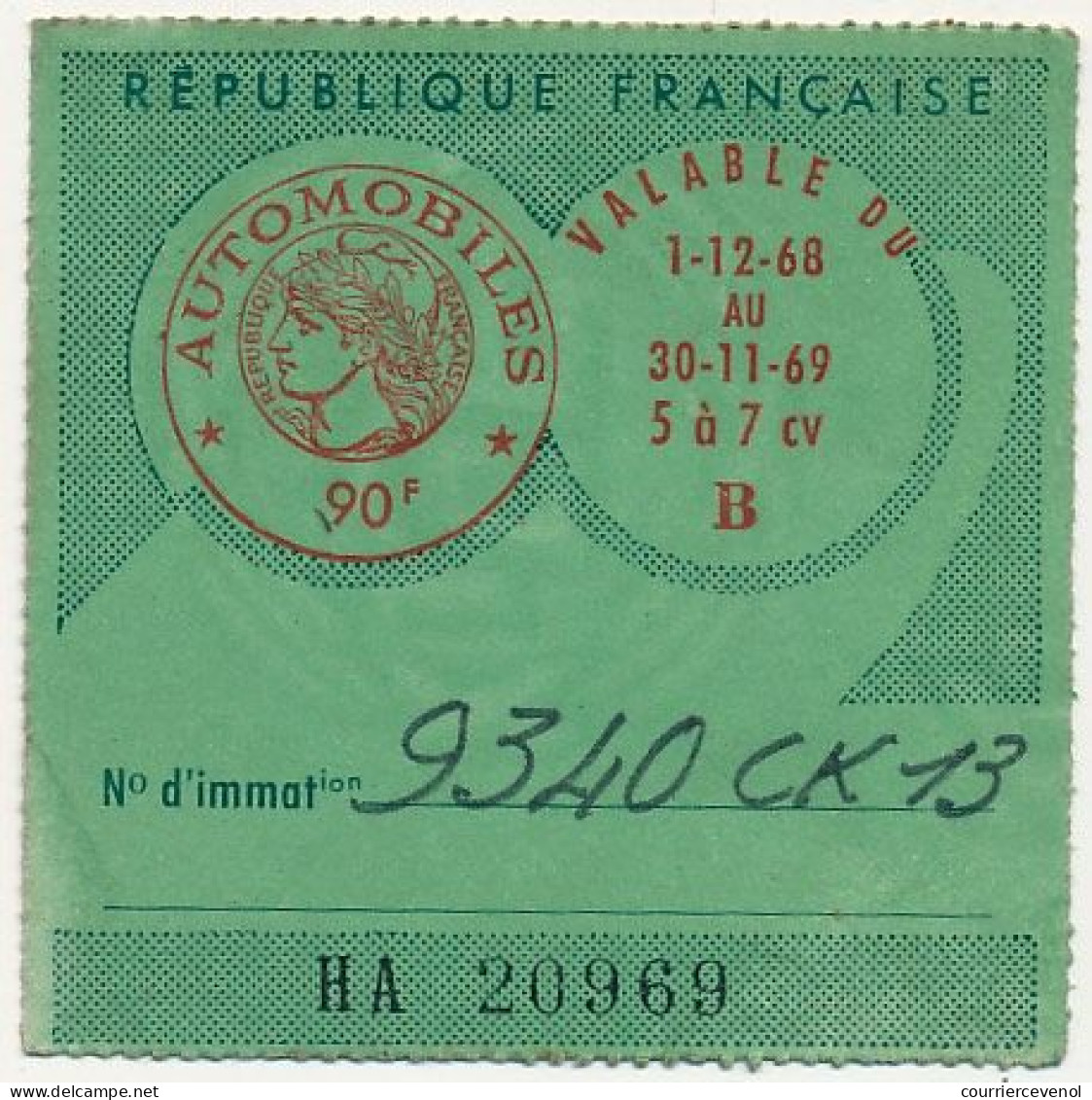 FRANCE - Vignette Automobile 1968/69 - 5 à 7 Cv - 90F - Marseille - Lettres & Documents