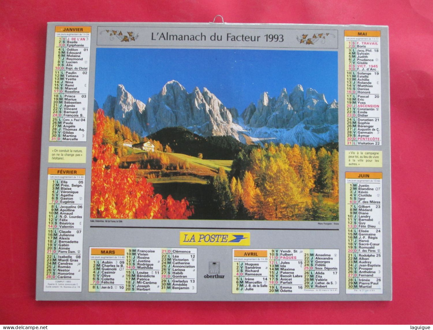 CALENDRIER ALMANACH 1993 ENVIRONS DE SAINT  ETIENNE DE TINEE ALPES MARIMES DOLOMITES VAL DE FUNES LE ODLE ITALIE OBERTHU - Groot Formaat: 1991-00