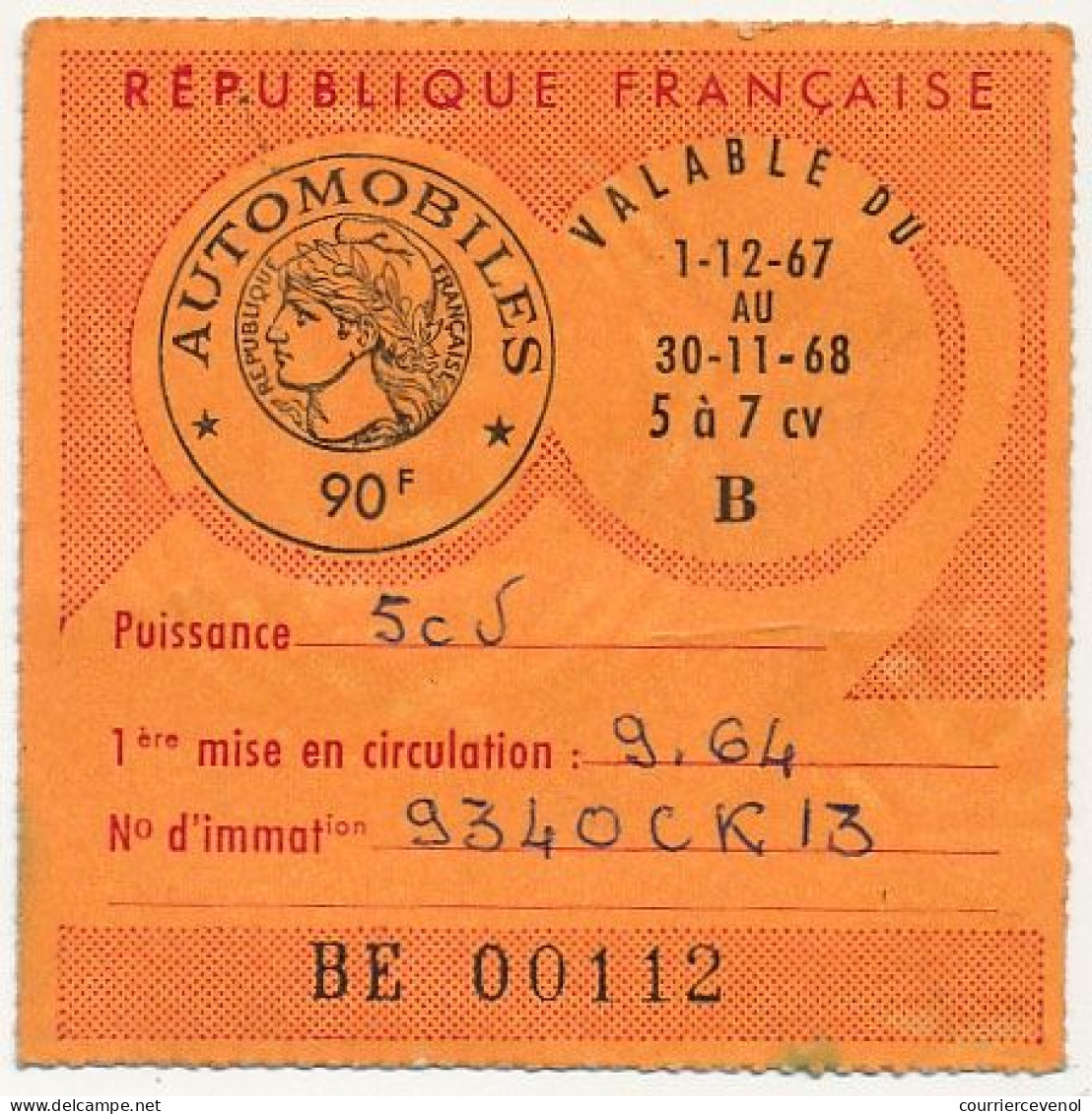 FRANCE - Vignette Automobile 1967/68 - 5 à 7 Cv - 90F - Marseille - Lettres & Documents