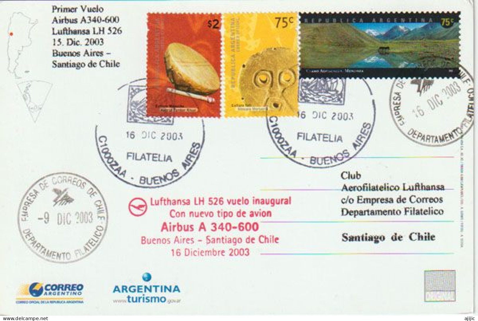 LUFTHANSA.AIRBUS A 340-600. Inaugural Flight Buenos-Aires To Santiago De Chile (Mt Aconcagua) 6962 M - Covers & Documents